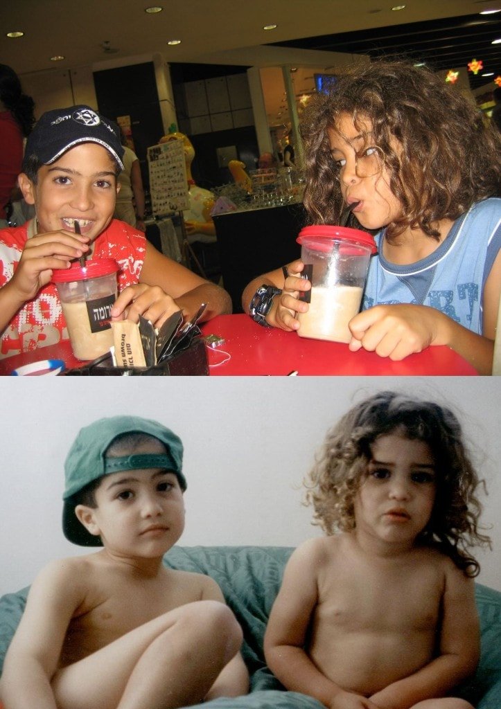 A vertical collage of Ziv Hagbi and his sister, at a cafe and as toddlers together