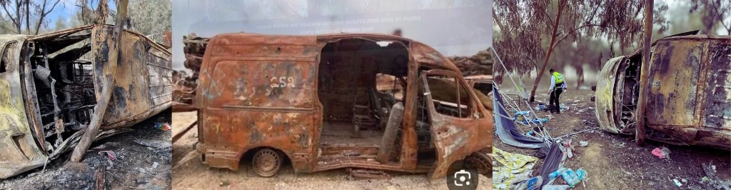 The burned ambulance after the attack at Nova