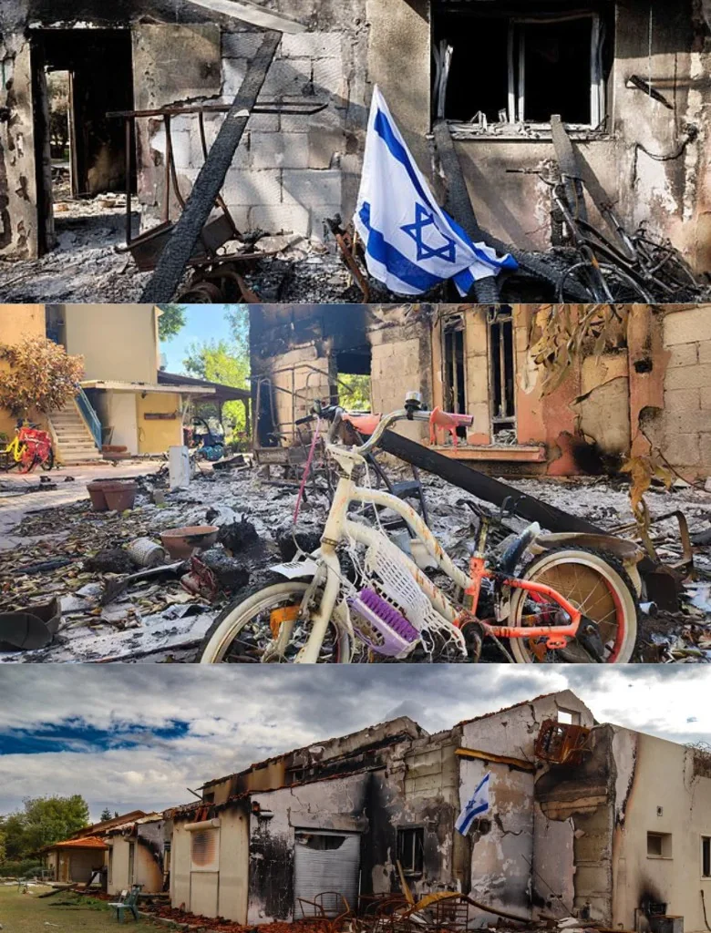 Documentary collage of Kibbutz Be&rsquo;eri after October 7, with Israeli flags among fire-damaged homes