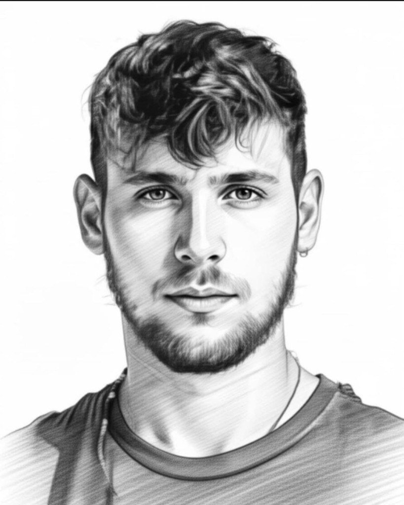 Black-and-white sketch of a young man from the chest up, with short wavy hair, a light beard, a small hoop earring, and a dark crew-neck shirt, looking forward against a white background