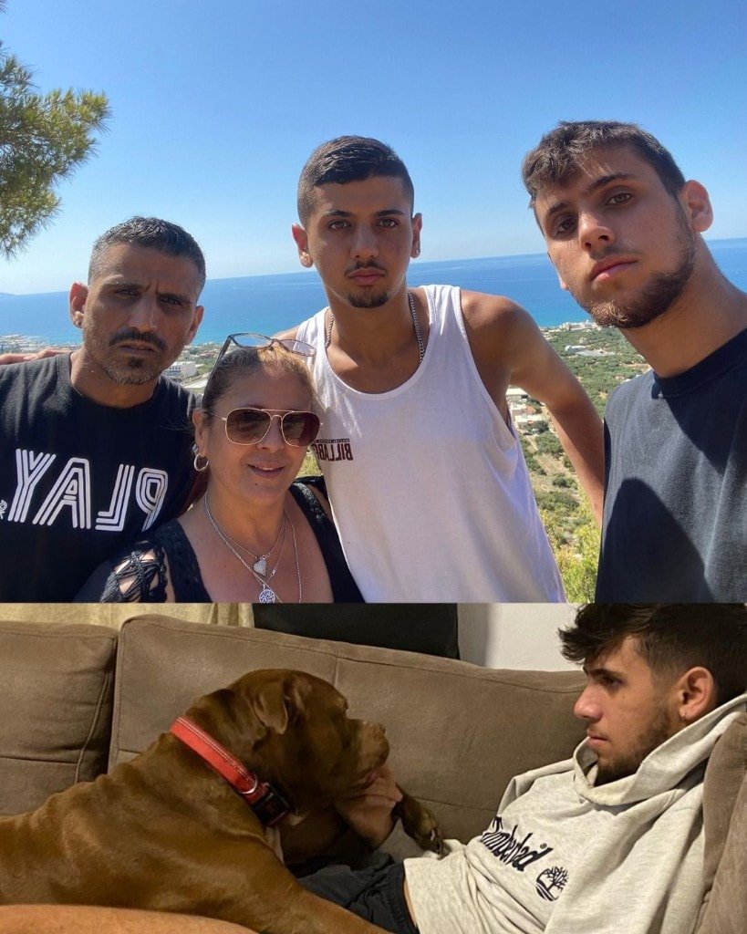 Two photographs together: Ron Shemer with three people against the sea, and Ron on a couch with a brown dog wearing a red collar